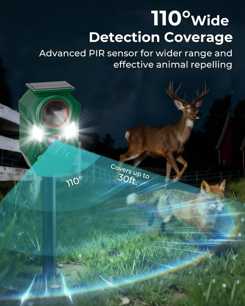 Motion Activated Solar Ultrasonic Animal Repeller with LED flashing lights deterring deer and fox from yard at night, 110° coverage.