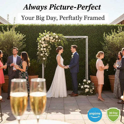 Wedding ceremony with Ivy Privacy Fence Screen 40 By 120 Inch UV Resistant Faux Boxwood Roll Panels as photo backdrop.