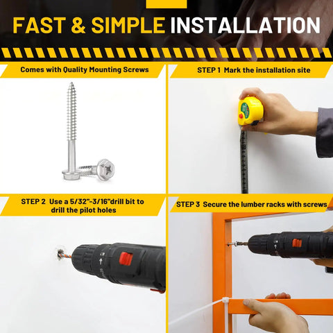 Installation steps for Heavy Duty Wall Mount Lumber Rack Solid Steel Wood Organizer showing screws and drilling process.