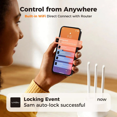 Person holding smartphone showing app notification, controlling Home Key Smart Lock For Front Door, HomeKit Compatible Fingerprint Keypad Deadbolt With Built In WiFi, Remote App Access, Auto Lock, Alexa Compatible, Matte Black