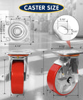 Heavy Duty Industrial Caster Wheels With 5000 Pound Capacity showing size dimensions 4" x 4" swivel plate with 6" polyurethane tread.