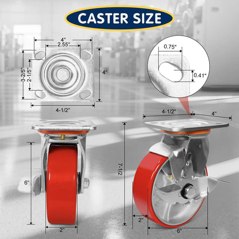 Heavy Duty Industrial Caster Wheels With 5000 Pound Capacity showing size dimensions 4" x 4" swivel plate with 6" polyurethane tread.
