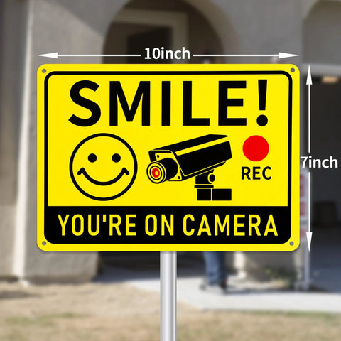 Smile You're On Camera Signs Two Pack Outdoor Video Surveillance Warning Signs 10x7 Rust Free Aluminum UV Printed Weatherproof