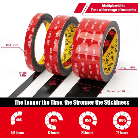 Heavy Duty Double Sided Tape With Waterproof Adhesive For Cars And Home, 16.5 Ft Long with various roll widths shown.