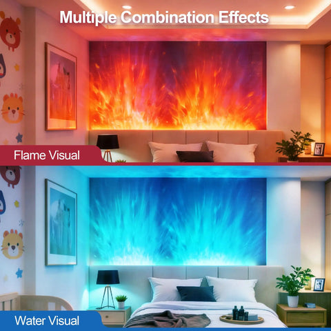 Smart RGBW Wave Wall Light With Water Ripple Projector displaying flame and water effects in living room decor.