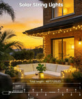 Two Pack 240 LED Solar String Lights Outdoor Waterproof With 8 Modes And Memory Auto On Off For patio lighting at sunset.