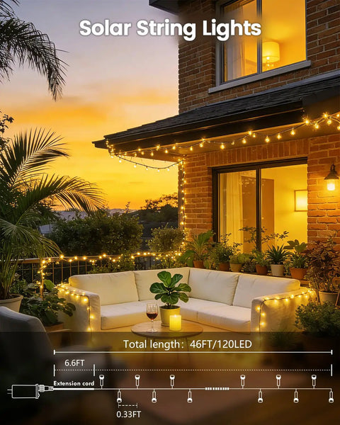 Two Pack 240 LED Solar String Lights Outdoor Waterproof With 8 Modes And Memory Auto On Off For patio lighting at sunset.