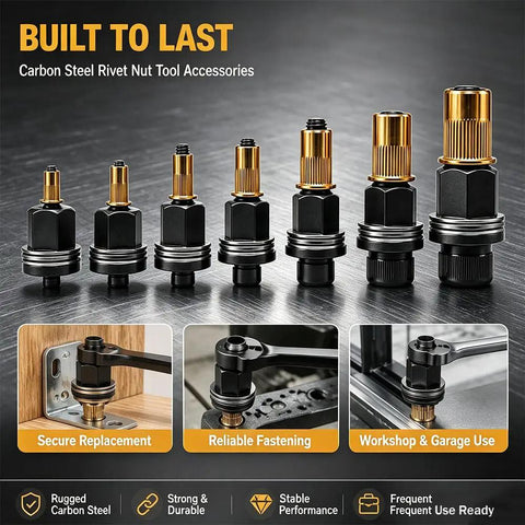 Rivet Nut Tool Set M3 Through M12 Mandrels Carbon Steel Construction Black Finish Heavy Duty Rivet Nut Kit For Auto Motorcycle And Workshop Repairs Reusable Mandrels Two Set, carbon steel mandrels