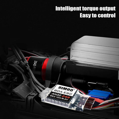 Beefed Up High Performance Brushless Motor And 80 Amp ESC Combo for RC Crawlers installed in vehicle, showing components clearly.