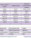 Specification table for a rotary encoder showing electrical and mechanical specs, including voltage, current, speed, and weight.