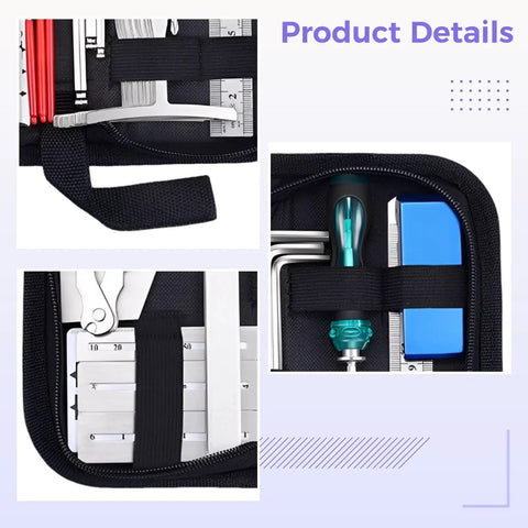 Close-up of Guitar Setup And Repair Kit 26 Piece Tool Set with nut files, gauges, and wrenches in a carry case