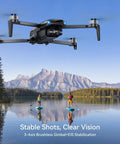 Ultra Portable Pocket Drone Under 249g With 4K Video And 8K Photo, 3 Axis Gimbal, flying over lake with paddleboarders.
