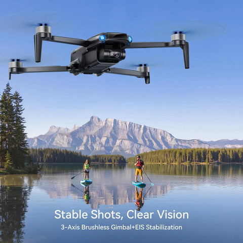 Ultra Portable Pocket Drone Under 249g With 4K Video And 8K Photo, 3 Axis Gimbal, flying over lake with paddleboarders.