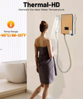 Heavy Duty Electric Tankless Water Heater With Instant Hot Shower Output Digital Touch Panel mounted in modern bathroom shower.