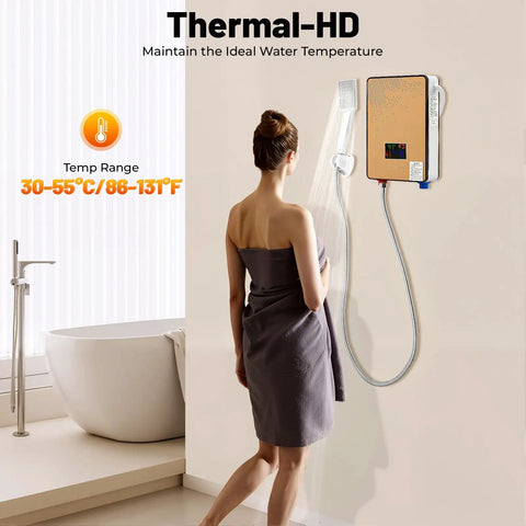 Heavy Duty Electric Tankless Water Heater With Instant Hot Shower Output Digital Touch Panel mounted in modern bathroom shower.