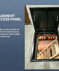 Built Tough Galvanized Steel Ceiling Access Panel With Slick Hinged Cover For Drywall And Plaster Ceilings Featuring Dual Support Struts And Hassle Free Install, open view showing basement access.