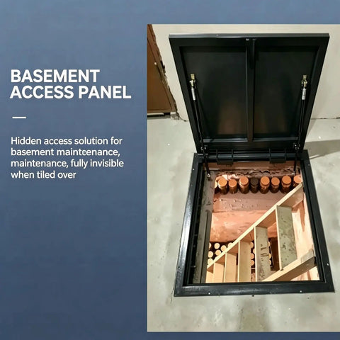 Built Tough Galvanized Steel Ceiling Access Panel With Slick Hinged Cover For Drywall And Plaster Ceilings Featuring Dual Support Struts And Hassle Free Install, open view showing basement access.