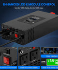 2000W Sump Pump Backup Workhorse With 12V 80Ah Battery Pure Sine Inverter control panel showing LCD and dual grounded outlets.