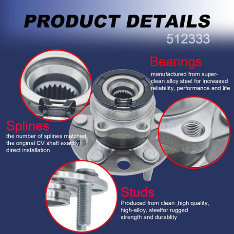 Rear Wheel Bearing And Hub Assembly For 4WD And AWD Vehicles Compatible With 2007-2008 Dodge Caliber And 2007-2017 Jeep Compass Patriot 5 Lug Rear Axle Reference 512333 showing bearings, splines, and studs close-up