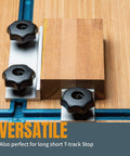 Top view of Seven Star Pro Grade T Track Knob Kit With 5/16-18 Bolts And Washers installed on a woodworking jig with wooden base.