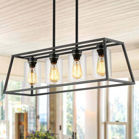 Dope Modern Farmhouse Linear Pendant Light Fixture With Glass Shade Four Light Black Steel Dining Room Chandelier over table