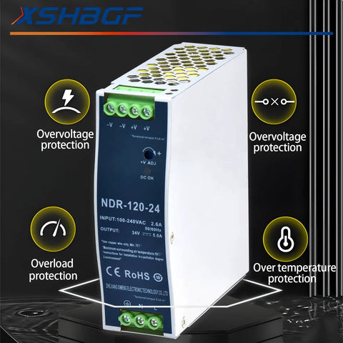 NDR-120-24 Beefy 24V DC DIN Rail Power Supply, 120W 5A Output, 90-264VAC Input, 47-63Hz, High Efficiency for industrial use