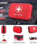 Pumier red compact waterproof hard-case first aid kit with white cross logo, 8x3x5 in, for car or travel