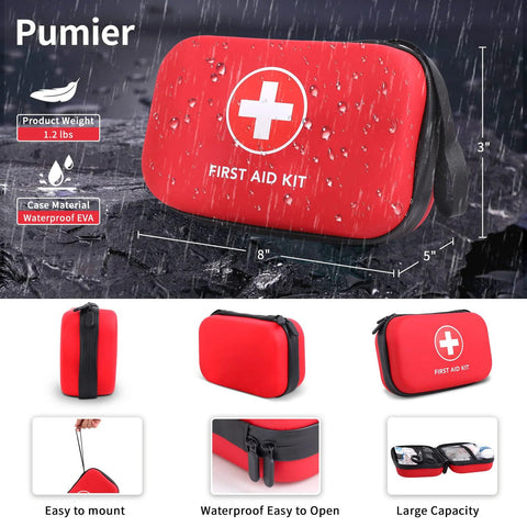 Pumier red compact waterproof hard-case first aid kit with white cross logo, 8x3x5 in, for car or travel