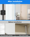 Before and after installation of 3.5 Inch Door Hinge Shim Kit with Pro Grade Plastic Spacers for precise door alignment