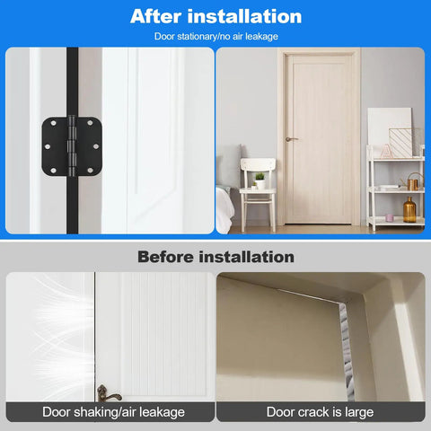 Before and after installation of 3.5 Inch Door Hinge Shim Kit with Pro Grade Plastic Spacers for precise door alignment