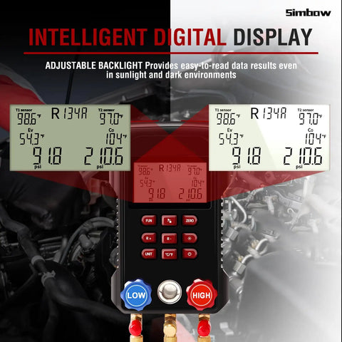 Digital Manifold Gauge Set for HVAC Pros: Dual Pressure and Temperature Readouts, Digital AC Gauge Kit with 3000 PSI Hose, Two-Color Temperature Clamp, Fast Vacuum, Leak Test, and Precise Superheat Subcooling Calculations, backlit HVAC display