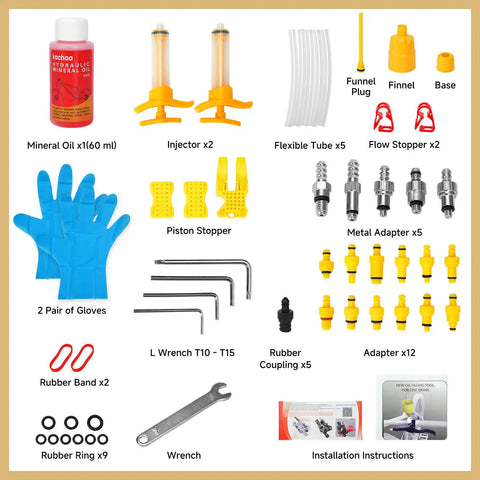 All In One Hydraulic Disc Brake Bleed Kit For Shimano, SRAM, Avid, Magura, Tektro with funnels, connectors and 60ml mineral oil