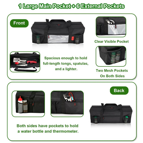 Front and back views of Grill Tool Organizer Bag for 24 Inch Spatulas Tongs and More, heavy duty 600D Oxford cloth with external pockets.
