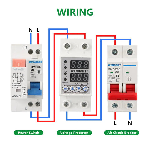 Wiring diagram showing Heavy Duty Adjustable Digital Voltage Protector For AC 120v Single Phase Circuits With Over Under Relay 63a.