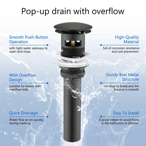 Matte Black Waterfall Single Handle Bathroom Faucet With Pop Up Drain Single Hole Vanity Tap, pop-up drain detail with overflow