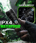Ultra Bright LED Flashlight That Lights Up The Night With A Rechargeable Battery And Zoomable Beam 5 Modes Waterproof Tactical Light shown in rain