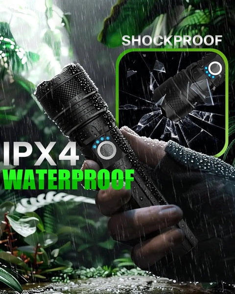 Ultra Bright LED Flashlight That Lights Up The Night With A Rechargeable Battery And Zoomable Beam 5 Modes Waterproof Tactical Light shown in rain