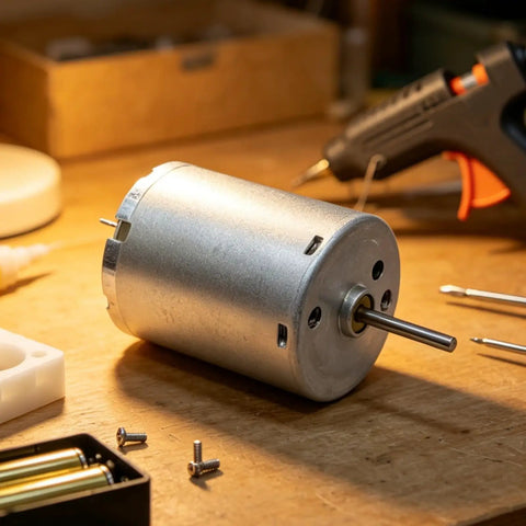 Top Shelf 24Mm RF-370CA DC Motor Goes Off At 12000RPM For Every Slick DIY Build Or Smart Lock Setup Runs Smooth On 6V To 12V With A Heavy Duty Metal Shaft on a workbench.