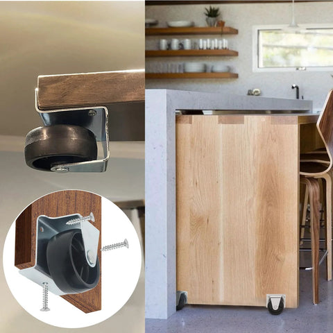 Low Profile 2 Inch Caster Wheels For Trundle Beds And Cabinets 4 Pack Ultra Slim Furniture Casters installed on kitchen cabinet