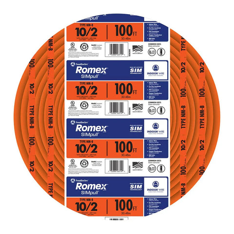 100 Foot 10/2 NM-B Romex Copper Wire With Ground For Dry Location Residential Wiring, SIMpull Jacket, coiled orange cable