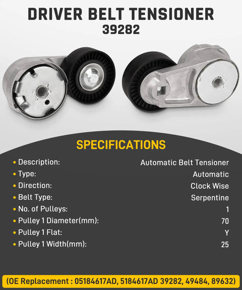 90K-39282D All In One Serpentine Belt Drive Component Kit For 3.6L V6 Chrysler Dodge Cars 2011 To 2019 Includes Drive Belt Tensioner 39282 And Idler Pulley 38082; automatic tensioner, 70mm pulley