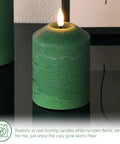 Green Christmas Flameless Pillar Candle with Remote, real wax look, flicker flame, cone top design, lifelike wick, holiday decor
