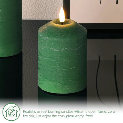 Green Christmas Flameless Pillar Candle with Remote, real wax look, flicker flame, cone top design, lifelike wick, holiday decor