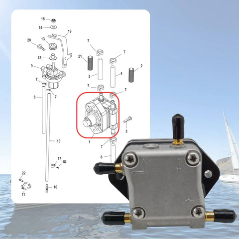 Mercury Outboard Fuel Pump Replacement For 30 HP 40 HP 50 HP And 60 HP Engines 899106T01 front view with diagram