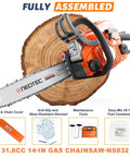 Gas Powered Chainsaw With 14 Inch Top Handle 2 Stroke Motor Easy Start shown on wood slice.