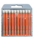Front view of 10-piece BGTEC dry diamond drill bit set in gray case; orange 6mm vacuum-brazed bits with diamond tips.
