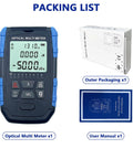 5-in-1 fiber optic cable tester and optical power meter, portable handheld device with blue/black housing, front view.