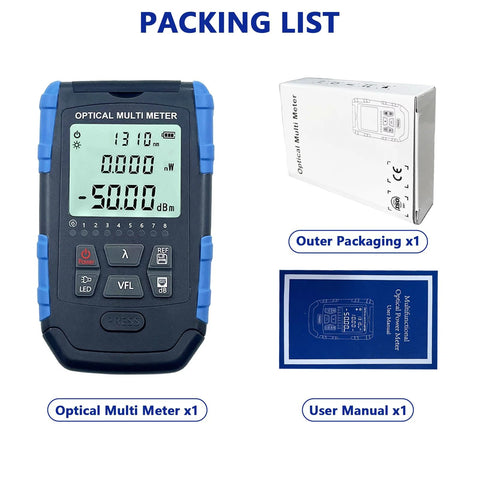 5-in-1 fiber optic cable tester and optical power meter, portable handheld device with blue/black housing, front view.