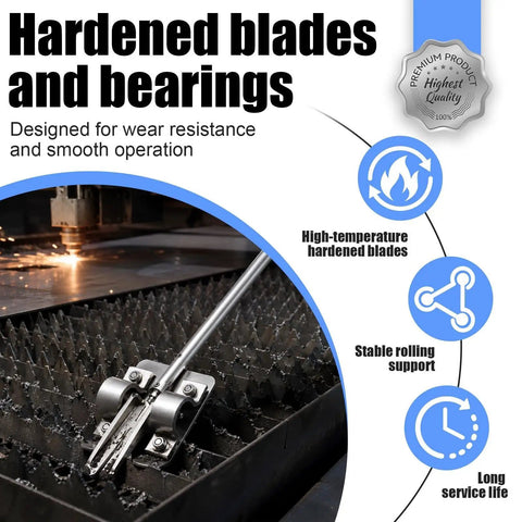 Heavy Duty Manual Dross Removal Tool And CNC Table Slag Scraper With Guided Rolling Wheel on CNC table showing hardened blades and bearings