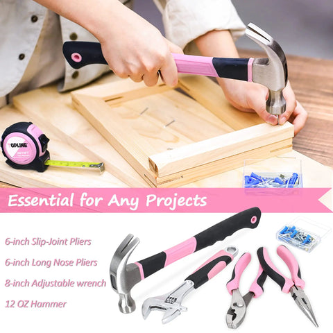 Woman using hammer from Pink 208 Piece Tool Kit for Women With Round Pouch Handy Home Maintenance Set for Apartment Living Everyday Household Tools Including Hammer Pliers Screwdrivers Hex Keys Bits and Adjustable Wrench Great Gift for Her